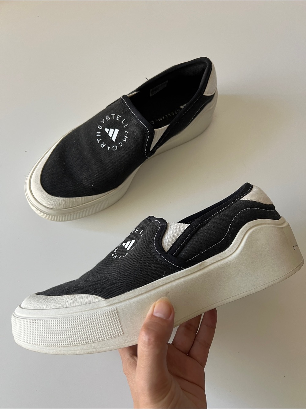 Adidas Stella McCartney Black and White Platform Slip-On Sneakers